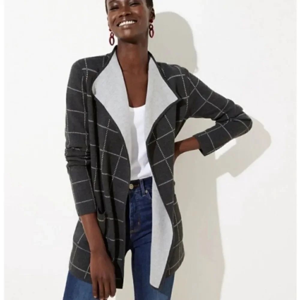 LOFT M Reversible Gray Window Plane Plaid Open Double Knit Cardigan w/Pockets